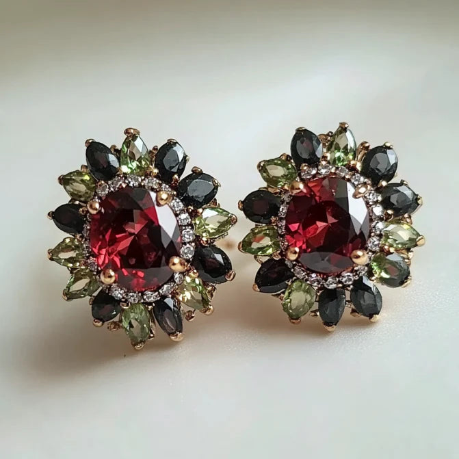 Vintage Black & Green Flower Red Crystal Earrings