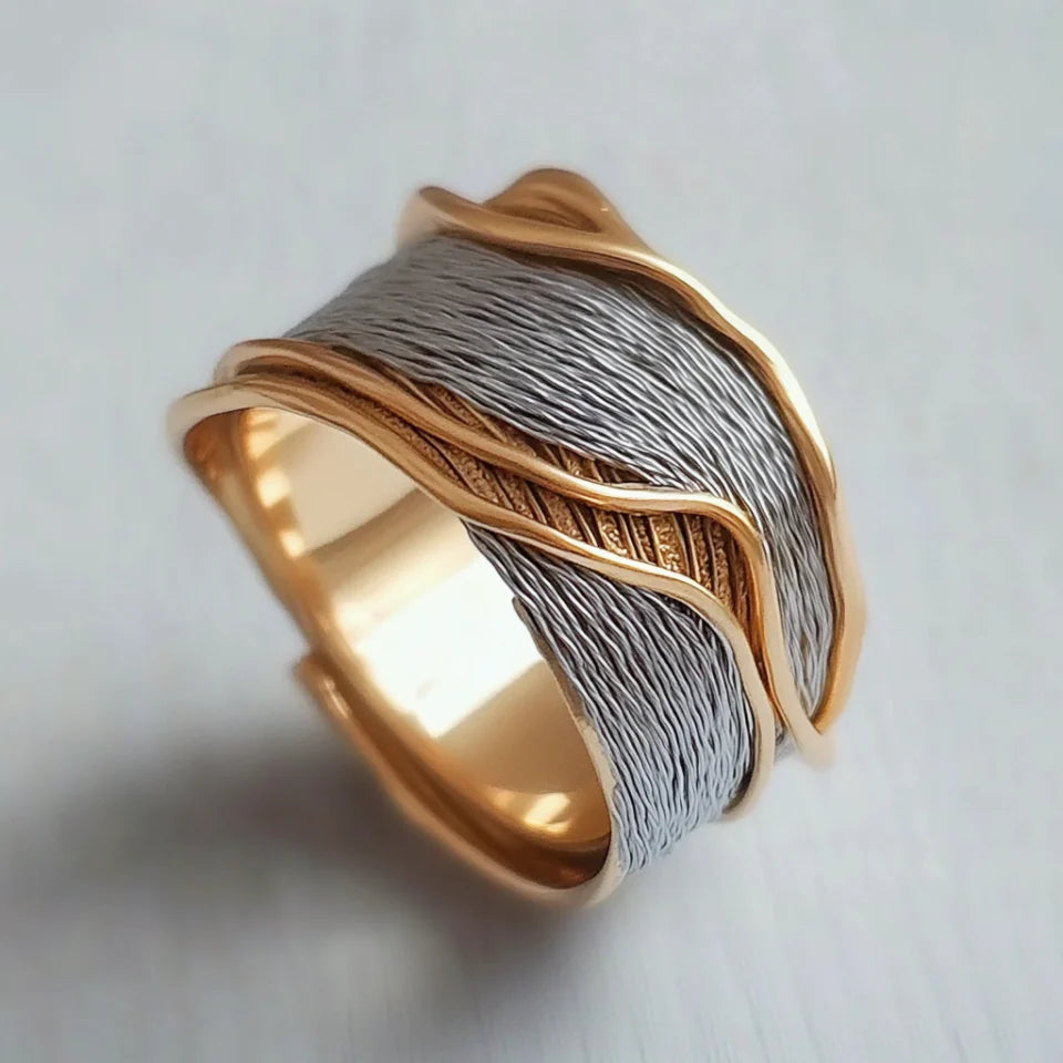 Vintage Silver Threads Wavy Gold Ring