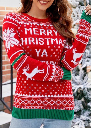 Christmas Letter Print Red Round Neck Long Sleeve Sweater