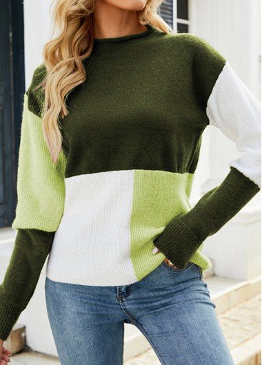 Patchwork Geometric Print Olive Green Round Neck Sweater
