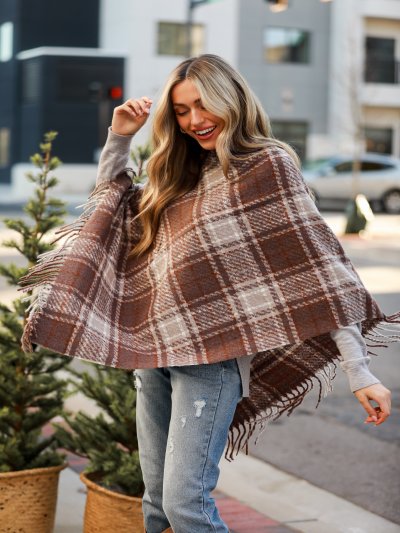 FINAL SALE - Happily Cozy Taupe Plaid Fringe Poncho - DOORBUSTER