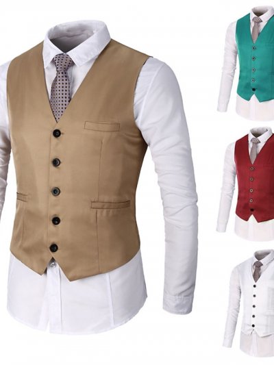 Men's Vest Waistcoat Wedding Office & Career Bar events Stylish Business Spring Fall Button Pocket 95% Cotton Breathable Soft Comfortable Plain Single Breasted V Neck Regular Fit milk white Black Red
